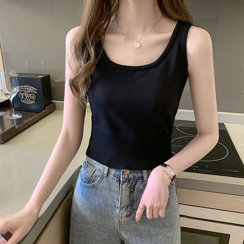 Ice Silk Knitted Camisole Women's Spring and Summer New Base Inner Short Slimming Sleeveless Top for Outer Wear