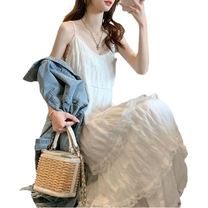 Summer Pure White Skirt 2025 Summer New Vacation Style Lace Sling Long Skirt Platycodon dress Base Skirt