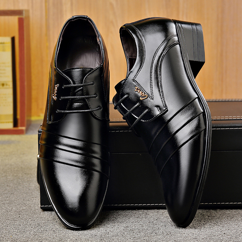 TEMU Cross Border Men's Leather Shoes Men's Fall Winter Business Formal Wear Pointed Toe Wedding Groom Upper Man Lace-up Suit Shoes