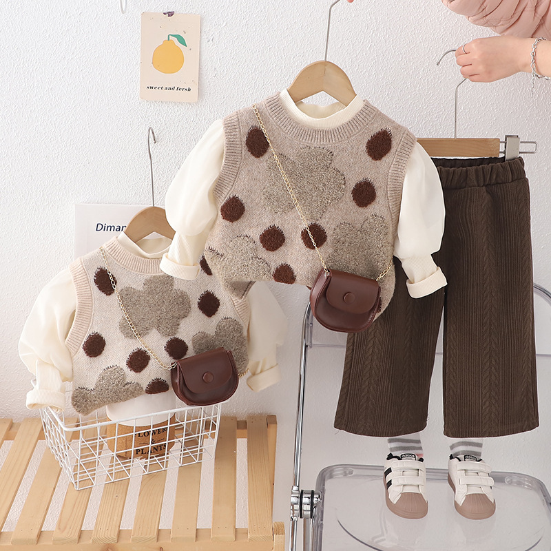 Girls spring and autumn suit 2025 new foreign-style baby spring sweater vest bag three-piece children's clothes