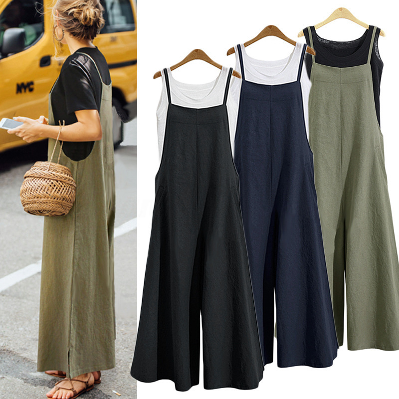 AliExpress Amazon New 2021 Cotton and Linen Strap Trousers Loose Solid Color Strap Wide Leg Pants Casual Jumpsuit