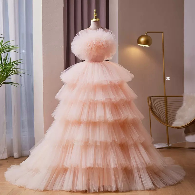 Pink banquet princess style evening dress female socialite Mori cake dress host fairy light wedding dress High sense