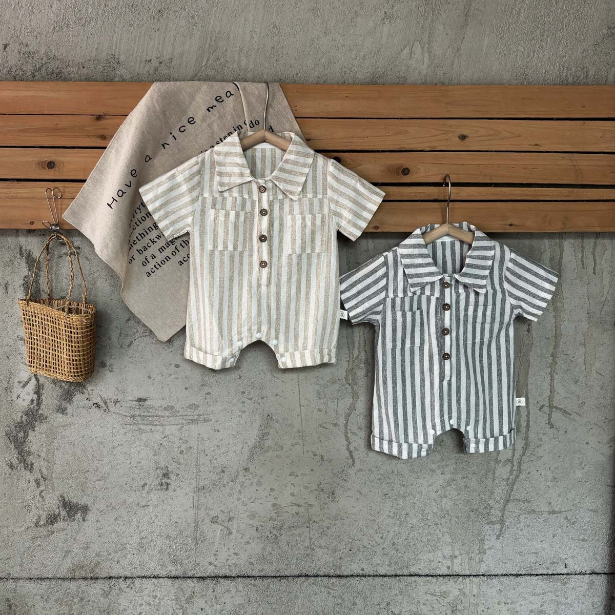 Baby Korean Style Boys Summer Short-Sleeved Thin Stripesd Polo Collar Bag Fart Clothing Newborn Outing One-Piece Crawling Clothing
