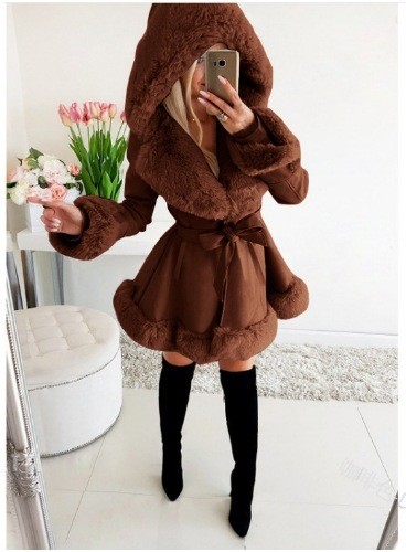 Picture of Popular winter coat small fragrant style short rough edge hooded fur stitching A- type coat winter fashion