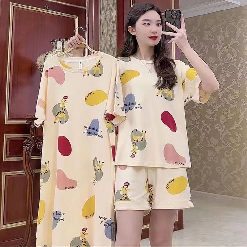 [Hot Selling] Night Market Stalls Set Up Foreign Trade Pajamas Women's Summer Short-sleeved Three-piece Home Clothes suit Air-conditioning Clothes