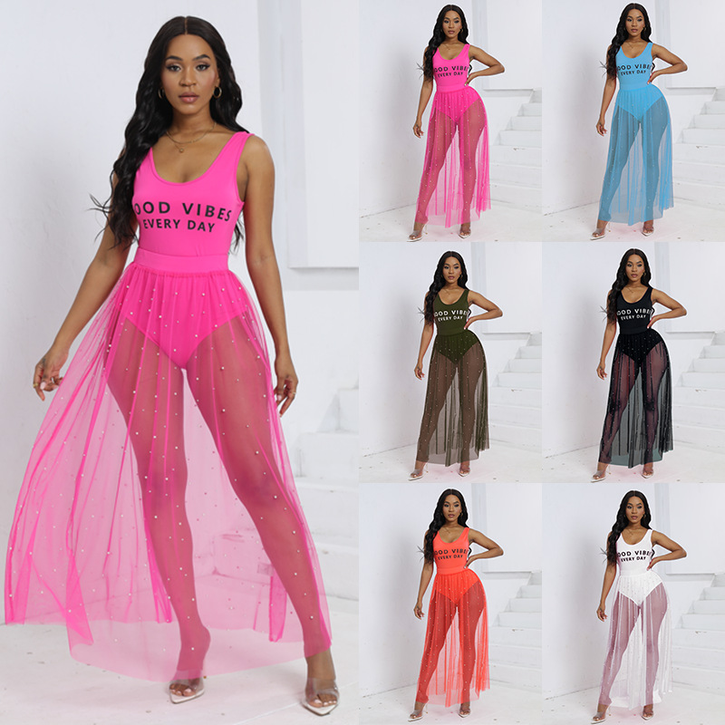 Summer New Sexy Jumpsuit Beach Skirt Two-Piece Suit Hand-Beaded See-Through Mesh Skirt Suit