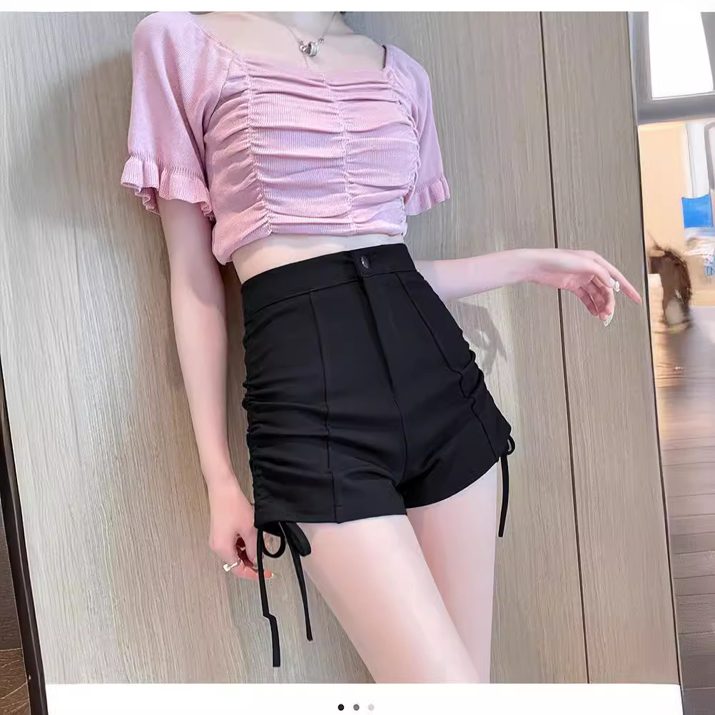 Summer High Waist Slimming Drawstring Casual Pants Hot Pants Hot Pants Hot Girl Shorts Women's Petit Design Sense Niche Black Pants