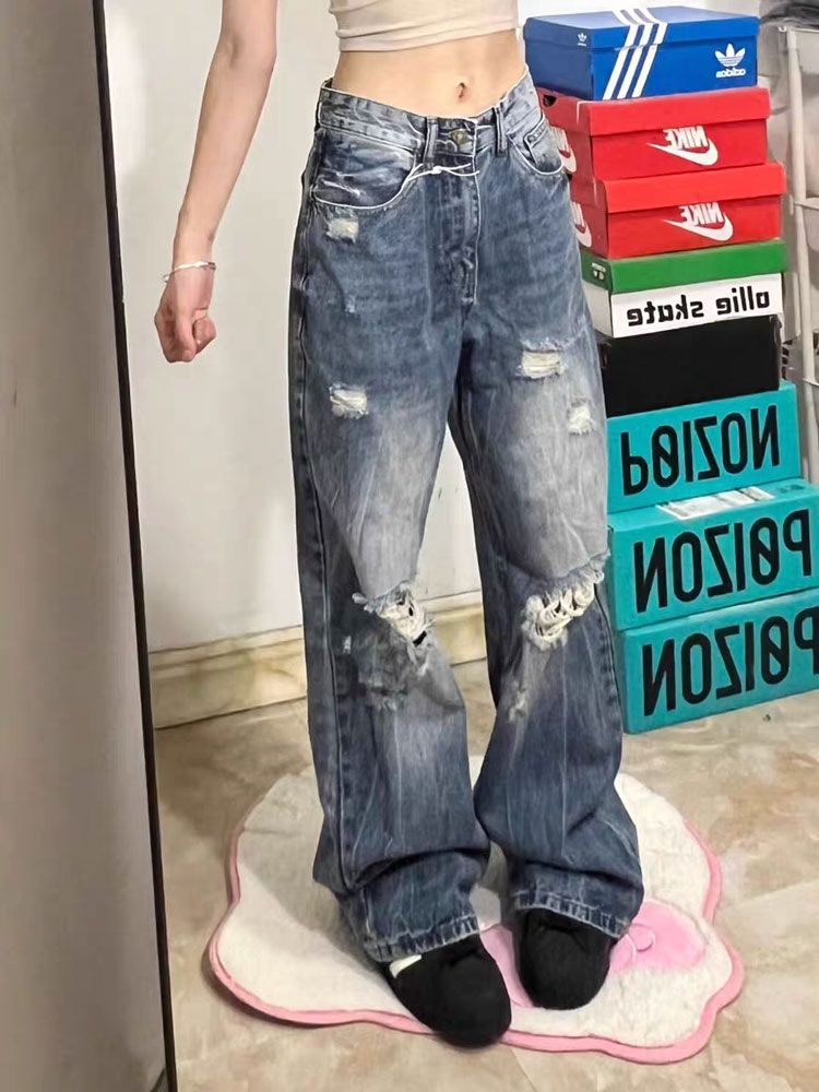 Picture of Ripped plus-size wide-leg jeans women's American summer new loose and versatile fashion high-waisted floor-length straight trousers