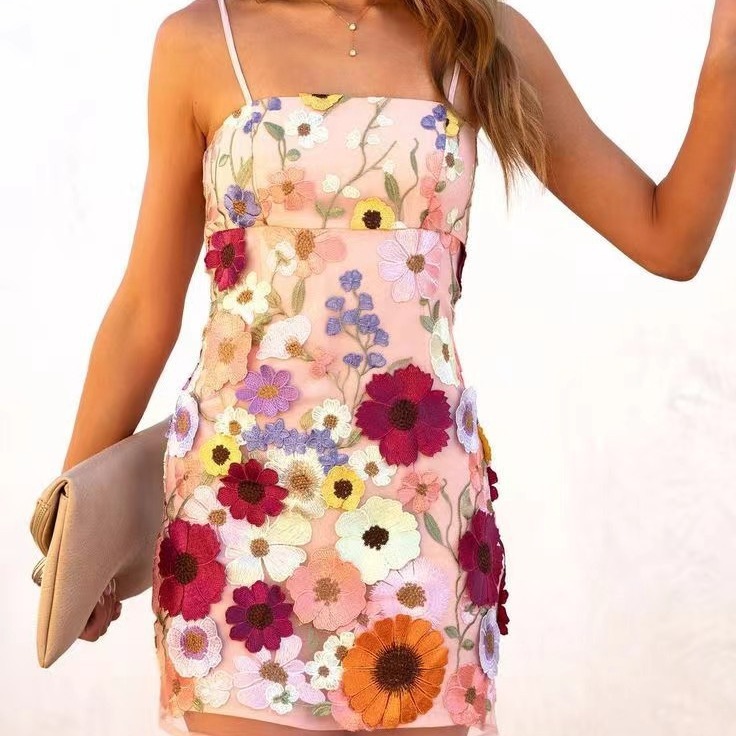 WT025 cross-border spring and summer new gorgeous elegant three-dimensional flower embroidered suspender skirt small dress