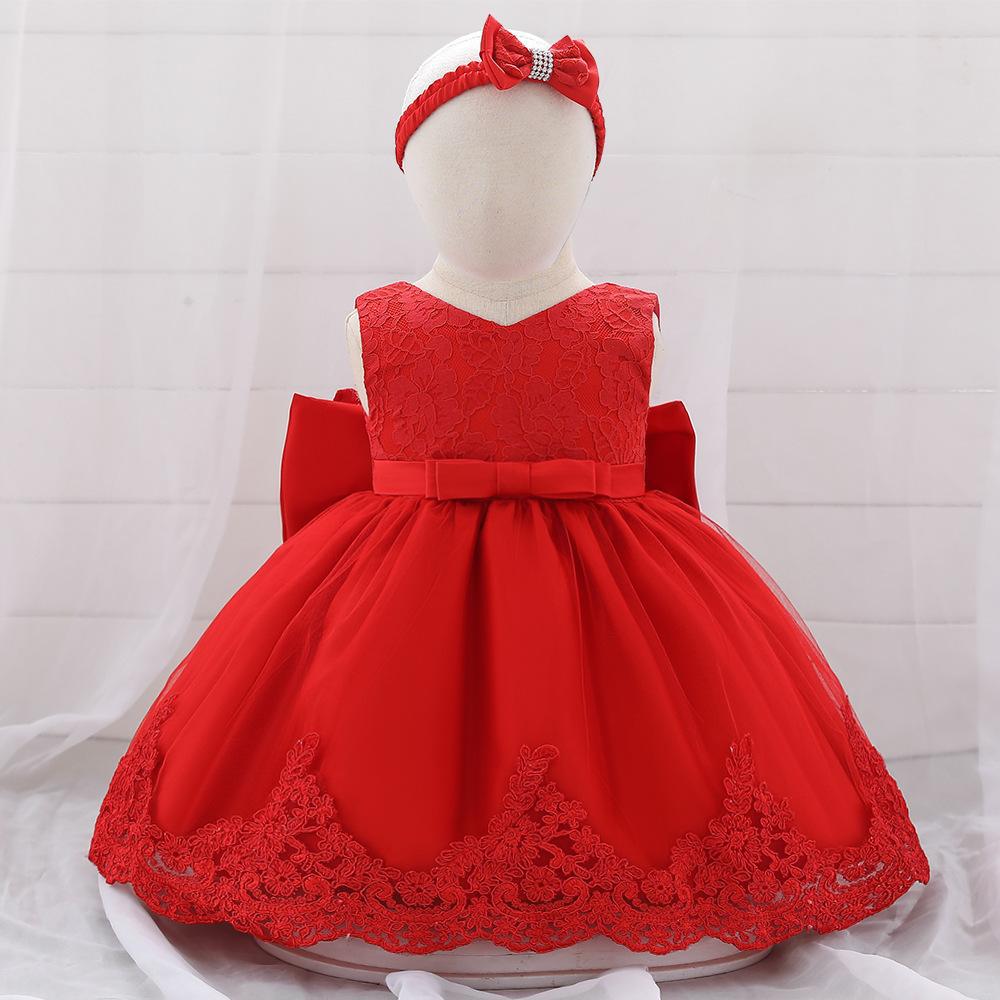 Picture of Amazon Baby Dress Big Bow Lace Wedding Dress Princess Dress Baby One Year Old Washable Dress with Hairband