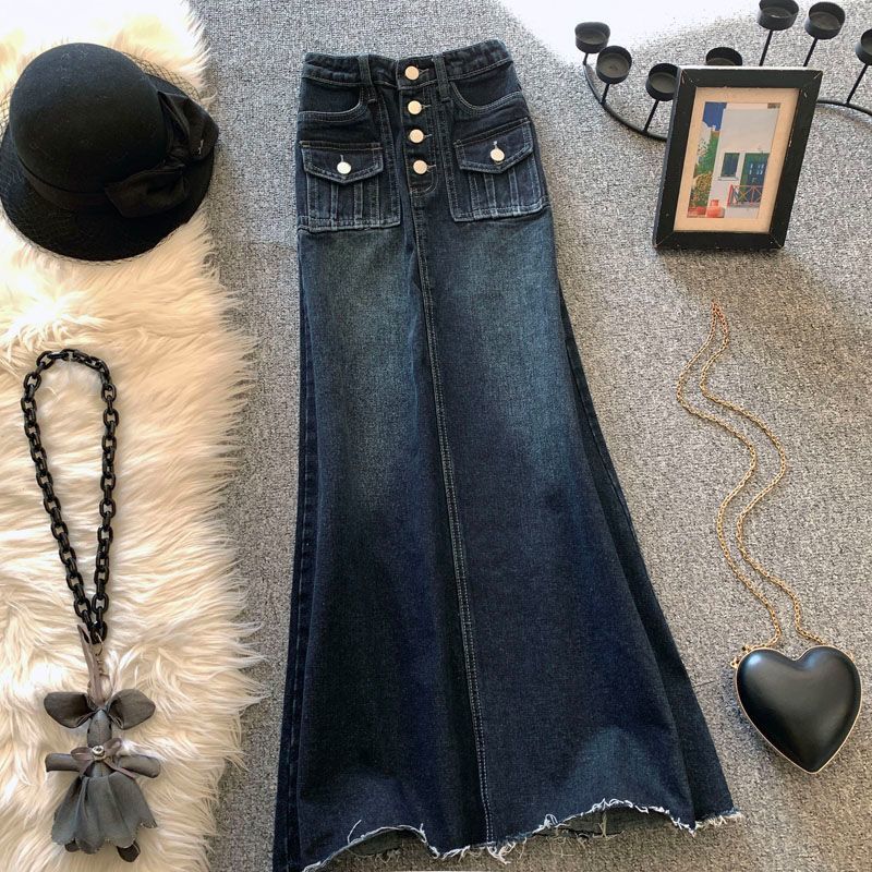 Vintage Denim Skirt Women's 2024 Summer New Design Sense Rust Versatile High Waist Slimming Long Skirt