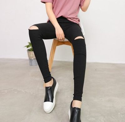 Ripped Imitation Jeans Women's High Waist Leggings Outer Wear Thin plus size Leggings Black Pencil Pants Spring and Summer Pants