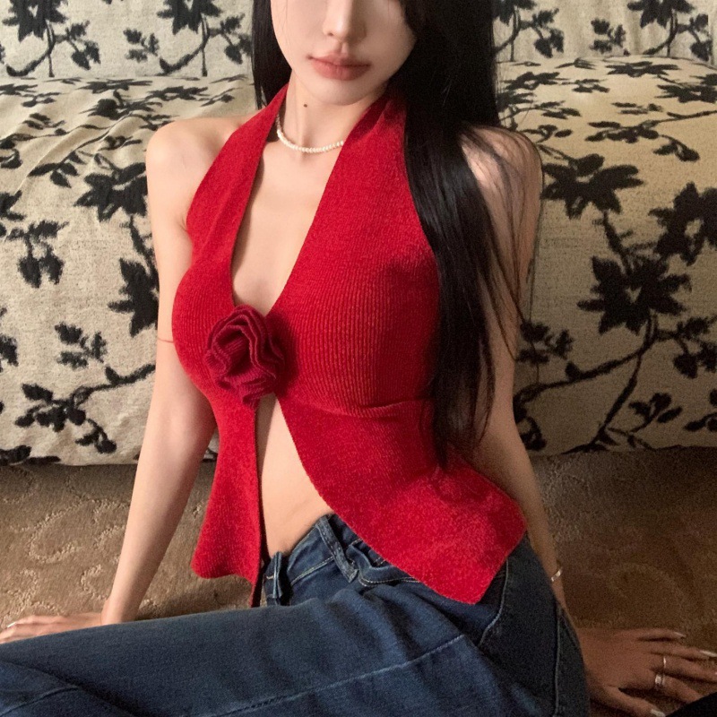 2024 New Three-dimensional Flower Knitted Halter Camisole Women's Summer V-neck Spice Girl Pure Desire Solid Color Vest