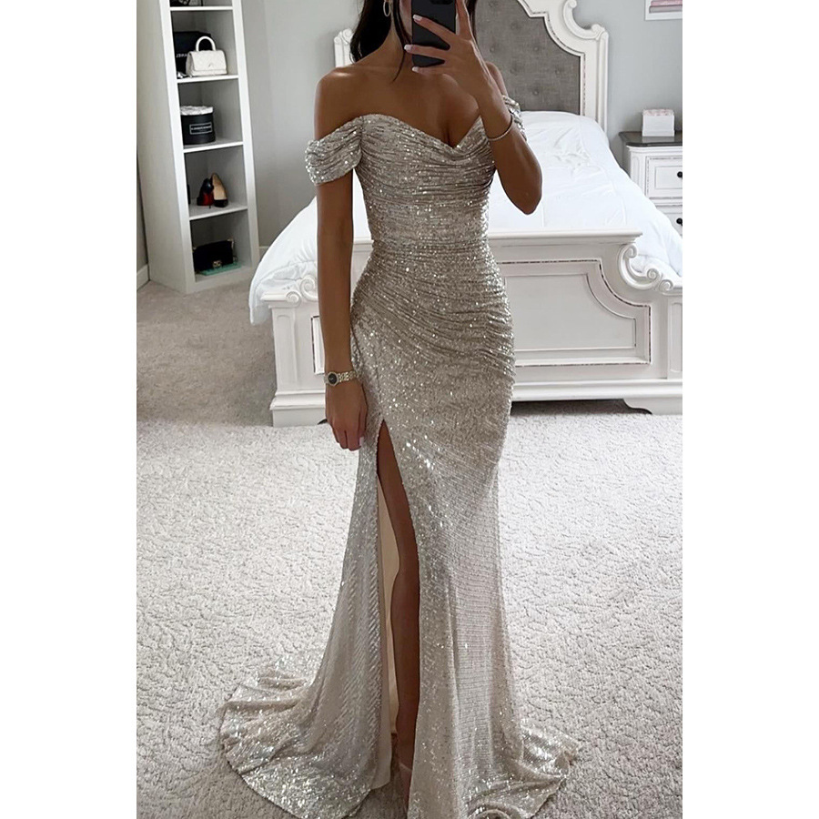 Picture of Cross-border Hot Selling Foreign Trade Women's Clothing Independent Station Polyester Sexy Fine Away Fork Ball Dress Sequin dress New Product