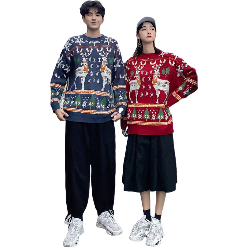Christmas fried street round neck couple wear lazy style sweater elk winter clothing ins super popular loose Korean style outer wear love