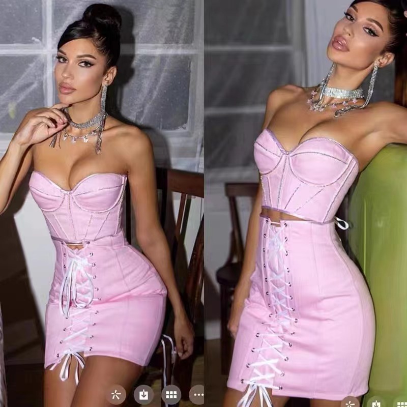 2023 new European and American cross-border sexy bandage two-piece suit fashion Diamond-embedded tube top drawstring tight skirt