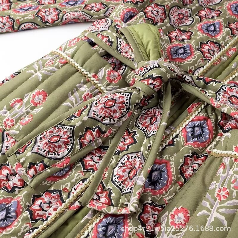 Picture of European and American Style Foreign Trade Women's Clothing New 2024 French Retro Belt Loose Long-Sleeved Printed Cotton Coat Wholesale