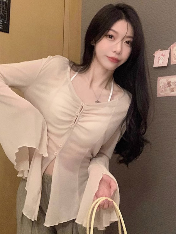 Pure Desire Style Thin Design V-Neck Trumpet Sleeve Sun Protection Cardigan Long Sleeve T-Shirt Hot Girls Sexy Niche Ins Top