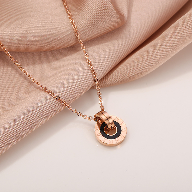 Picture of European and American Hot Double Ring Roman Numeral Ring Pendant Stainless Steel Rose Gold Couple Necklace Simple Elegant Trendy Jewelry