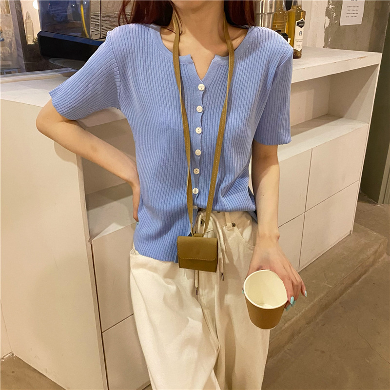 Picture of Summer 2025 New Knitwear Women's Korean Style Thin Bottoming Shirt Pure Color Slimming Look Versatile Single-Breasted Short-Sleeved Top