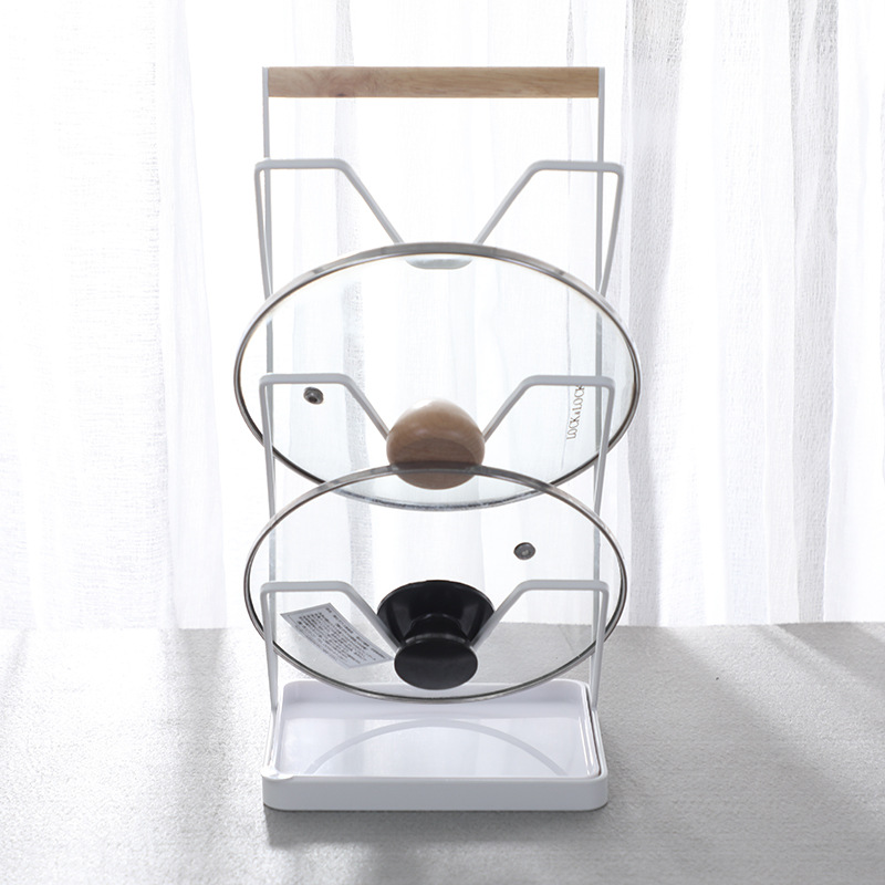 Japanese Style White Iron Pot Lid Draining Rack Floor Style Kitchen Pot Lid Rack Three-Layer Storage Rack with Water Tray