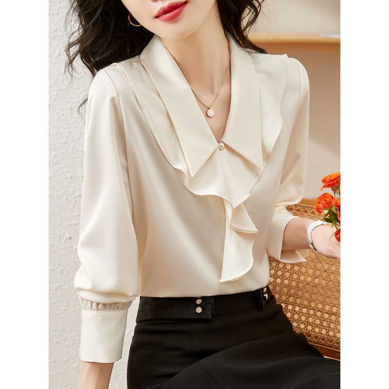 Picture of 2025 Spring and Autumn New Lotus Leaf Collar Satin Shirt Women's Design Niche French Sweet and Chic Top
