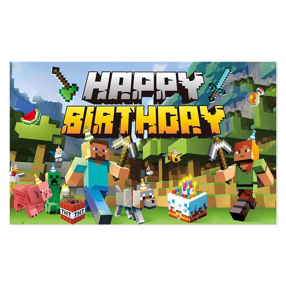 Picture of Minecraft Birthday Party Decoration Set Pixel Wars Happy Birthday Flag Cake Dessert Insert