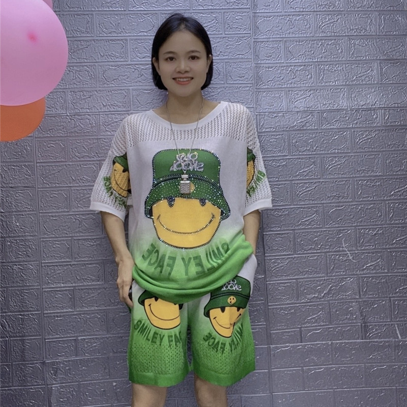 Cartoon Printed Casual suit Summer New Arrival Loose Hollow-out Flesh-covered Hot Drilling Top Women's Western-style Shorts Two-piece Set