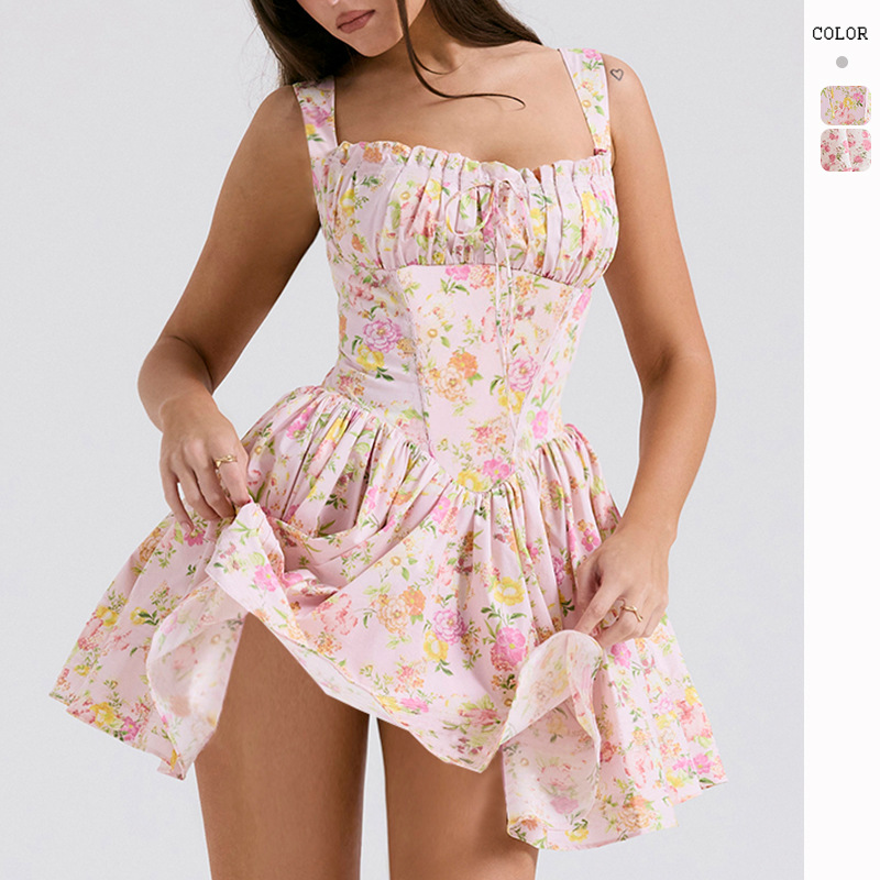Cross-border European and American Sexy Summer dress Floral Sling Skirt Slim-fit Slimming Ballet-style Tousled Skirt