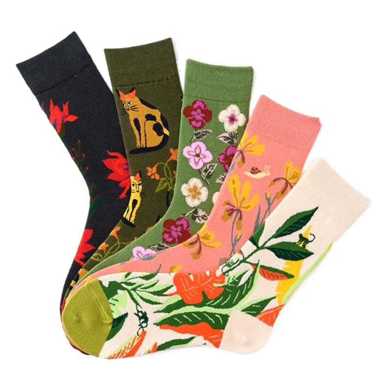 Vintage Floral Series Creative Pattern High Cotton Socks for Men and Women, Trendy Wholesale Fashion