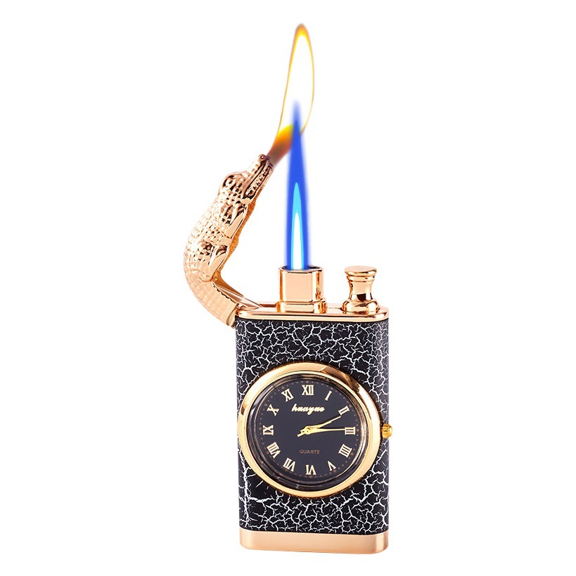Personalized Double Fire Switch Lighter with Quartz Watch Metal Punch Windproof Blue Flame Alligator Head Lighter
