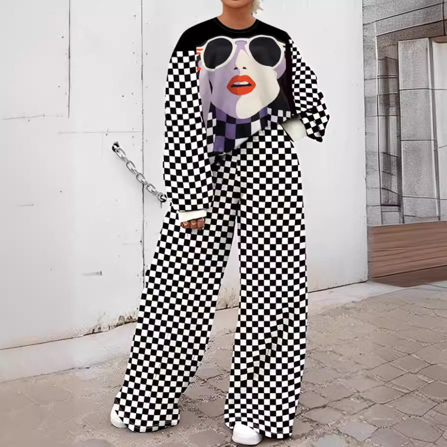 Ln1014 In-Stock 2024 Spring and Autumn New Cross-Border Women's Fashionable Elegant Printed Long Sweatshirt and Pants Two-Piece Set