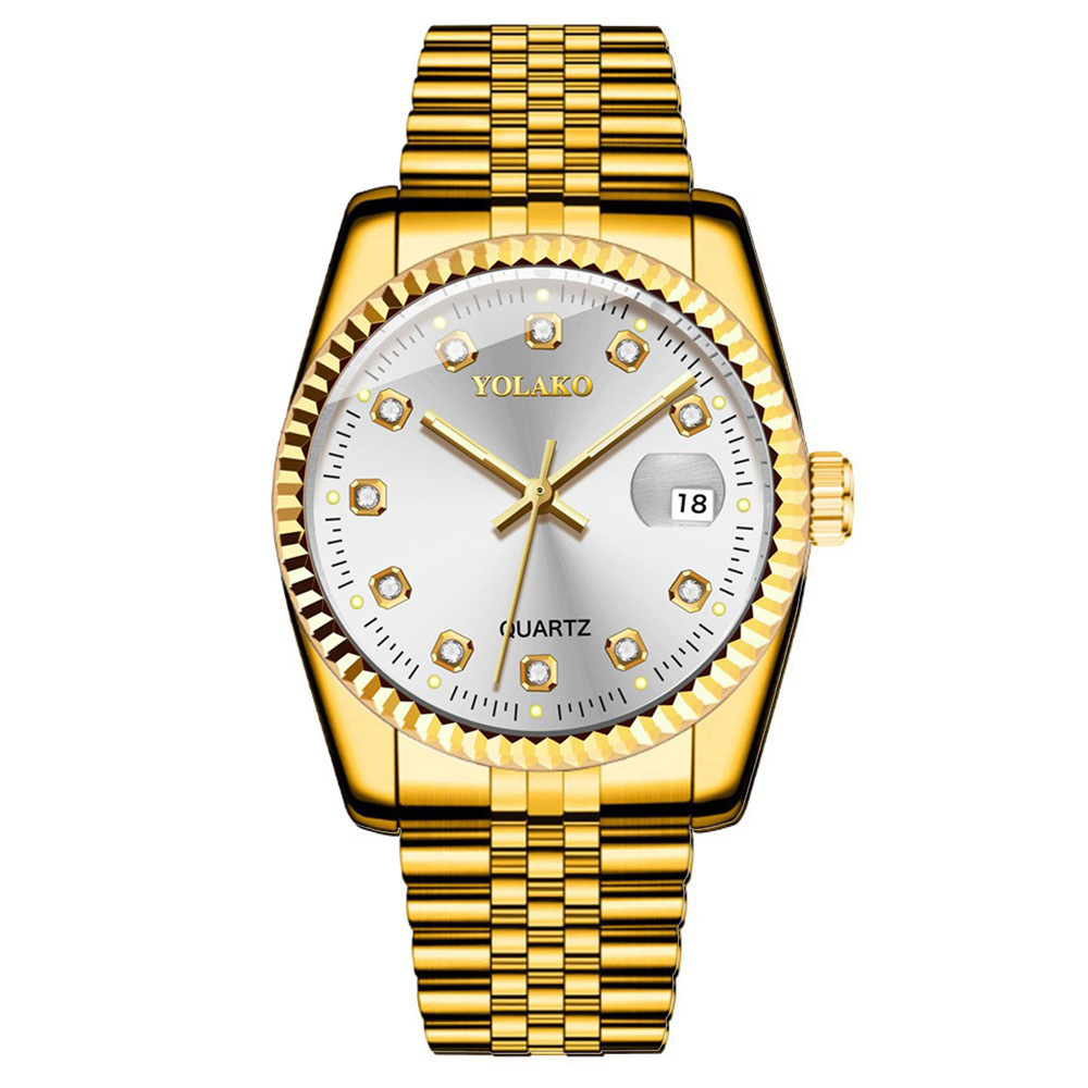 Picture of Diamond Face Steel Band Calendar Watch Women's Simple Casual Student Fashion Quartz Gold suit Men's Watch Couple