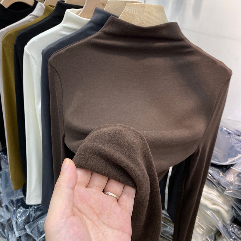 Women's Fleece Mock Collar Solid Color Base Shirt Women's Autumn and Winter Inner Tight Middle Collar T-Shirt fleece-lined Scrub Top Women's Clothing