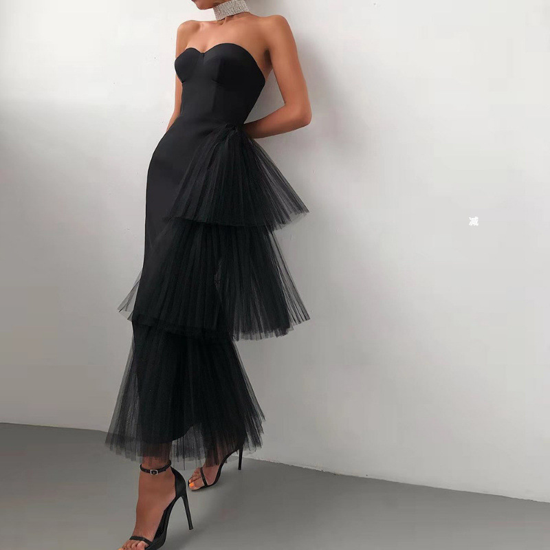 Foreign trade summer tube top tight sheath French socialite elegant dress bandage laminated mesh design slim dress