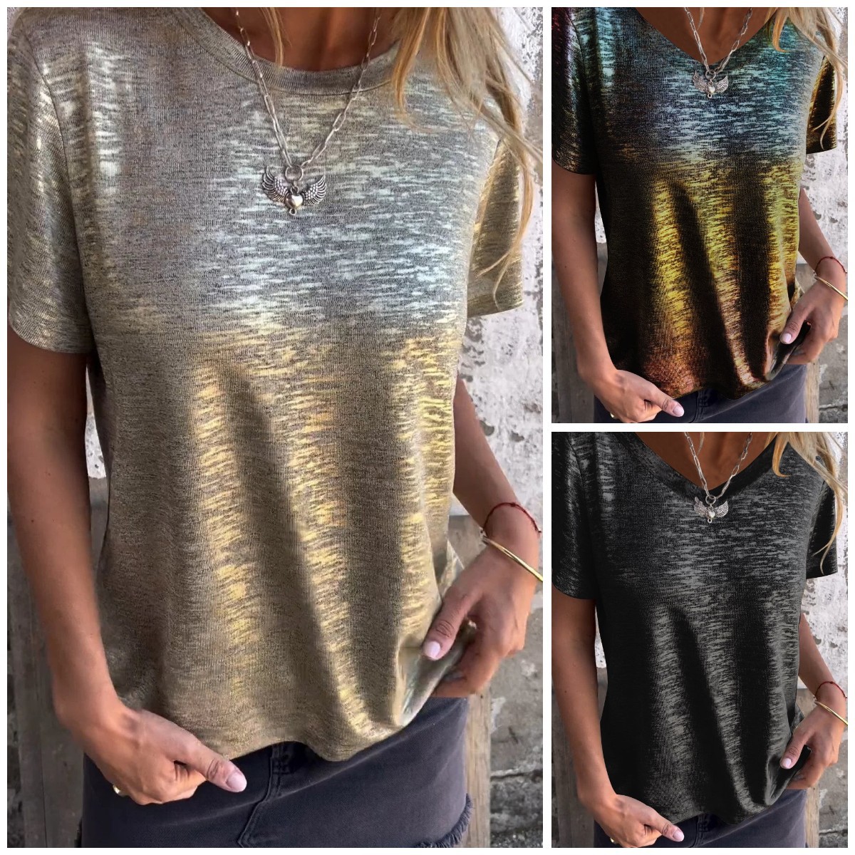 [] 2024 Cross-Border Independent Station Popular Summer Sequined Short-Sleeved Round Neck Women's T-Shirt Pure Color Sexy