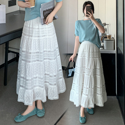White Mid-Length Skirt for Women Spring and Summer New Lace High-Waist Slimming Look A-Line Cake Skirt Long Skirt
