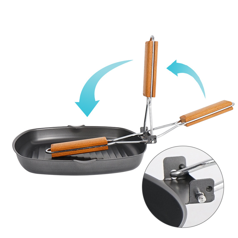 Picture of Outdoor Barbecue Plate Picnic Foldableable Portable Pot Frying Pan Cast Iron Pot Baking Pan Anti-Scalding Wooden Handle Double Mouth Deep Steak Pot