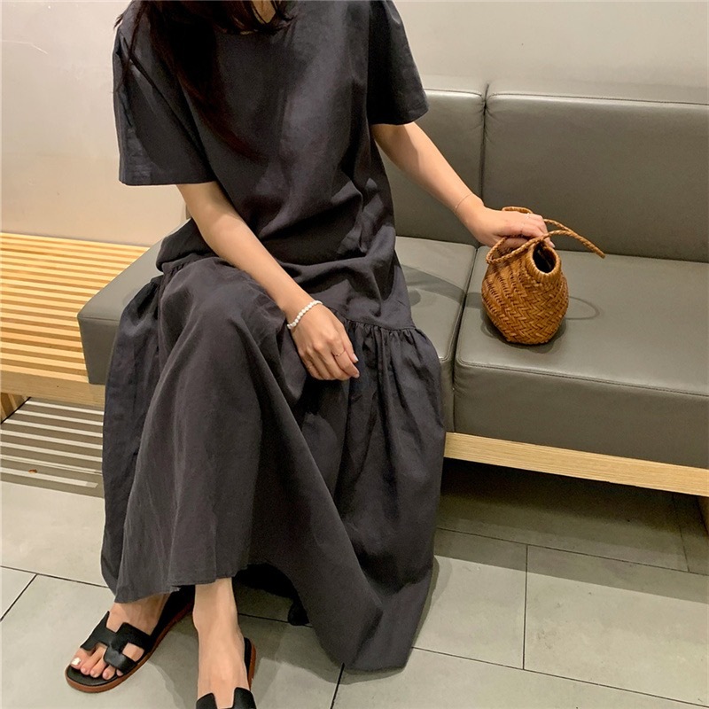 Picture of Japanese summer new style loose slimming short sleeve cotton linen dress women's casual retro to ankle Mori women's long skirt