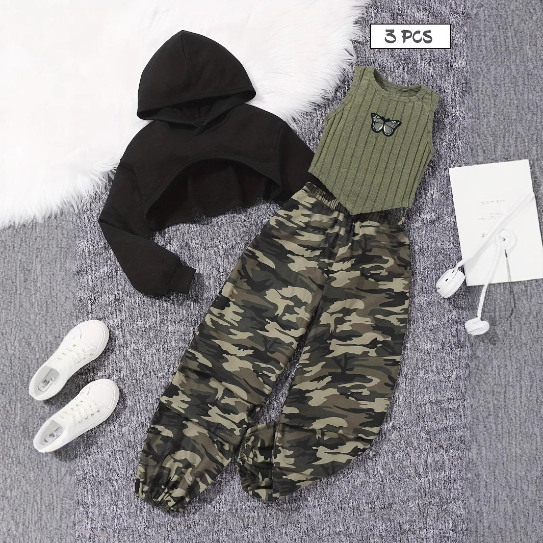 Cross-border Foreign Trade INS Partial Short Hooded Wei Yi suit Wool Rib Back & Camouflage Full Printing Wei Pants 3-piece Set