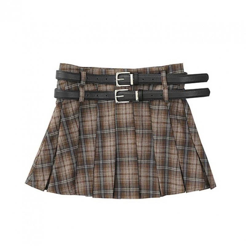 Leather Belt College Style Plaid Hot Girl Skirt Women's Pleated A- Line Pleated Skirt Design Sense High Waist Half Skirt Ins