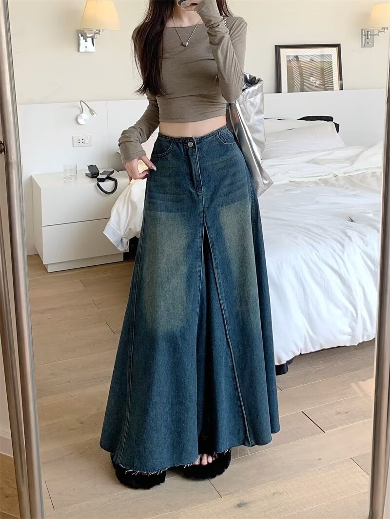 Vintage Washed Denim Skirt Women's 2025 New Spring High Waist Slim A- line Large Skirt Stitching Long Skirt