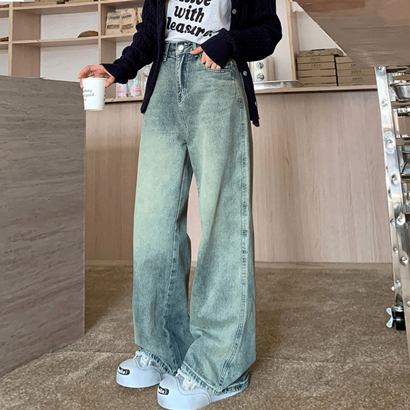 Pear-Shaped Wide-Leg Jeans Women's American Style Straight-Leg Retro Loose High-Waist Trousers Nostalgic All-Match Meat-Covering Trousers