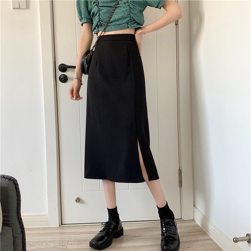 Black Skirt Women's Dipped Skirt Split Mid-Long Spring and Summer Design High Waist Small A- Line Over-the-Knee Long Skirt