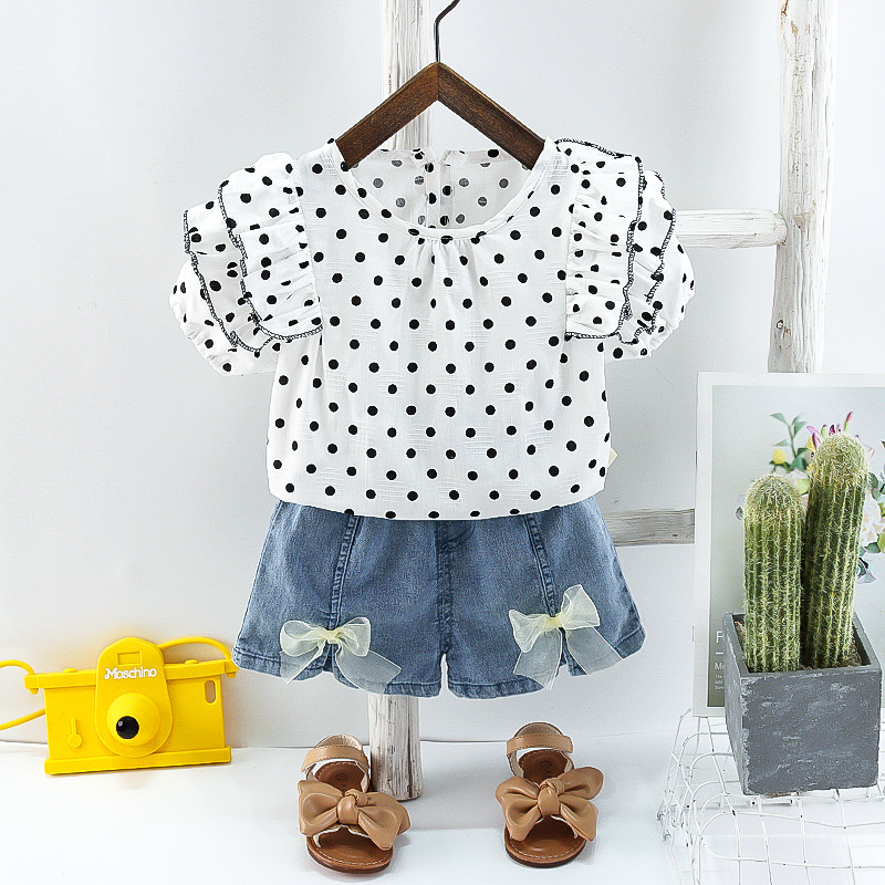 Baby Girl Children's Clothing Manufacturer Wholesale Korean Style Girls Puff Sleeves Full Printed Polka Dots Korean Style Summer Girls Suit Trendy