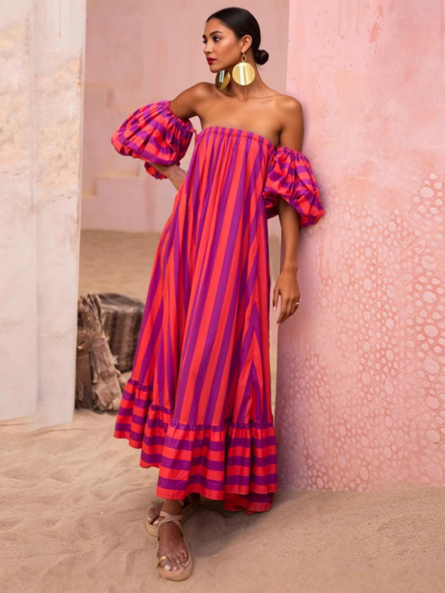 2025 Color Stripe off-shoulder Removable Short-sleeved Tube Top Holiday dress Women's Cross-border Explosions