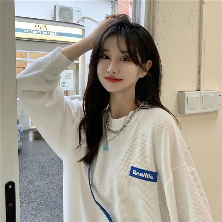 Waffleshirt Women's Spring and Autumn 2024 New Loose Mid-length Student Slimming Long-sleeved Top Pullover Coat