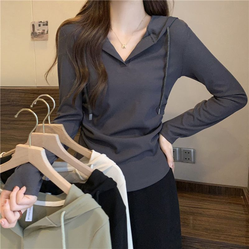 Back bag collar 260g 2024 spring autumn winter new pleated plus size thin hooded long sleeve T-shirt base shirt women's jacket