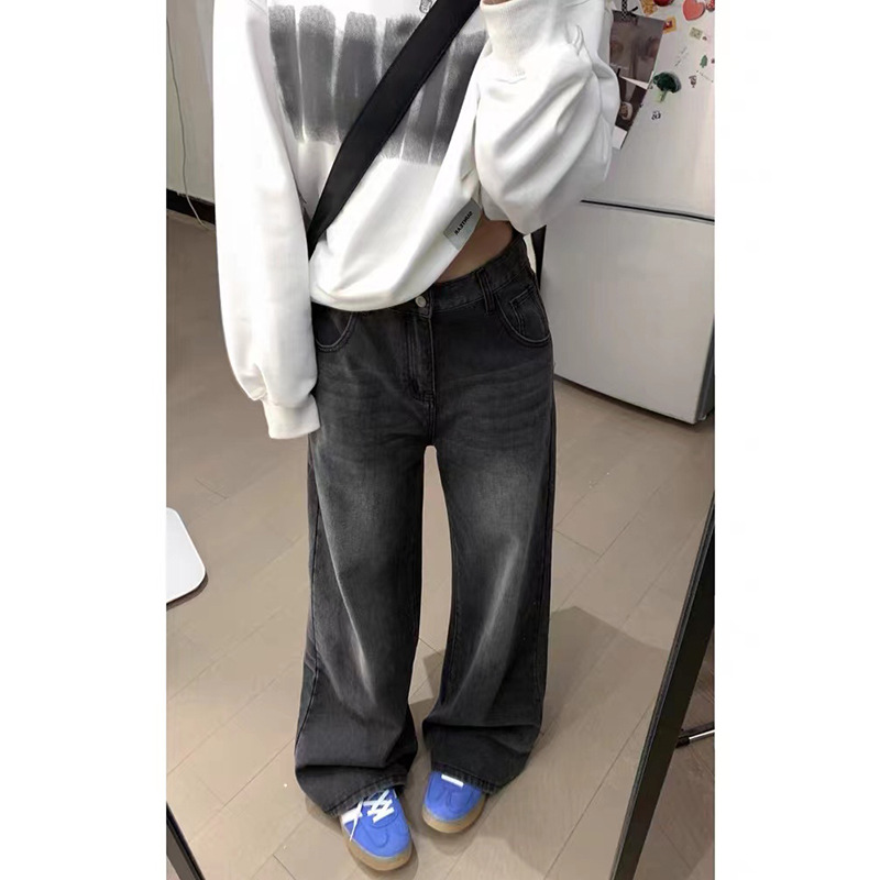 Picture of plus size American Style Retro Black Jeans Women's Autumn and Winter chubby girl Loose Slimming High Waist Straight Leg Wide Leg Trousers
