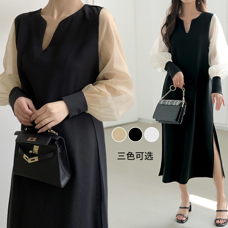 2024 South Korea new loose casual chiffon sleeve stitching dress long sleeve